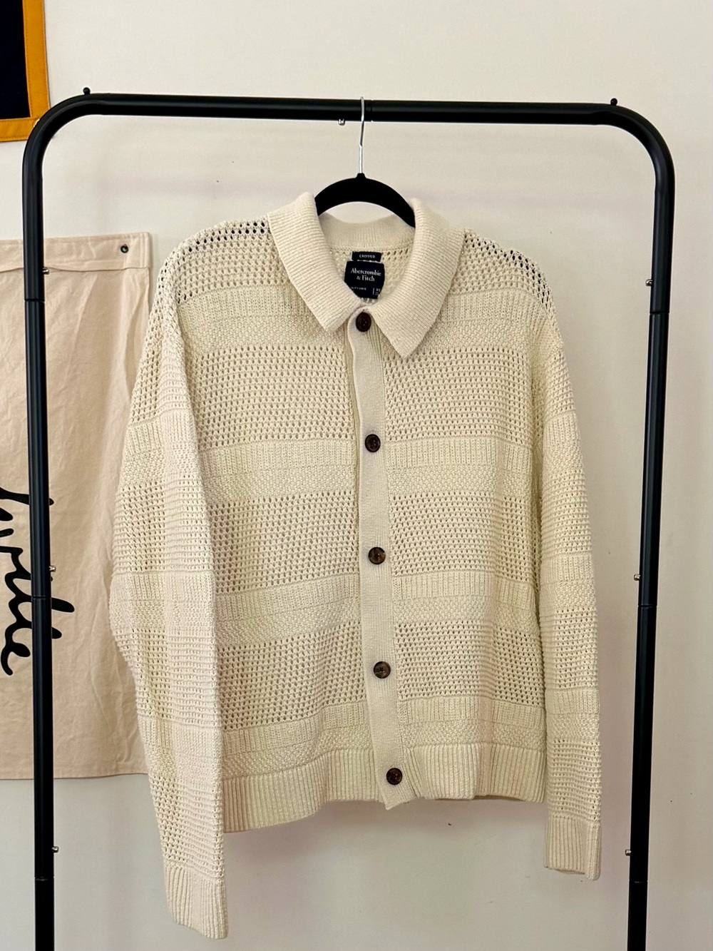 Abercrombie & Fitch Cream Open-Knit Button Cardigan